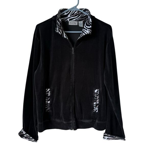Black Velour Zebra Trim Jacket Women's XL Mobwife Glam Y2K Pockets Full Zip SEE - Picture 4 of 10